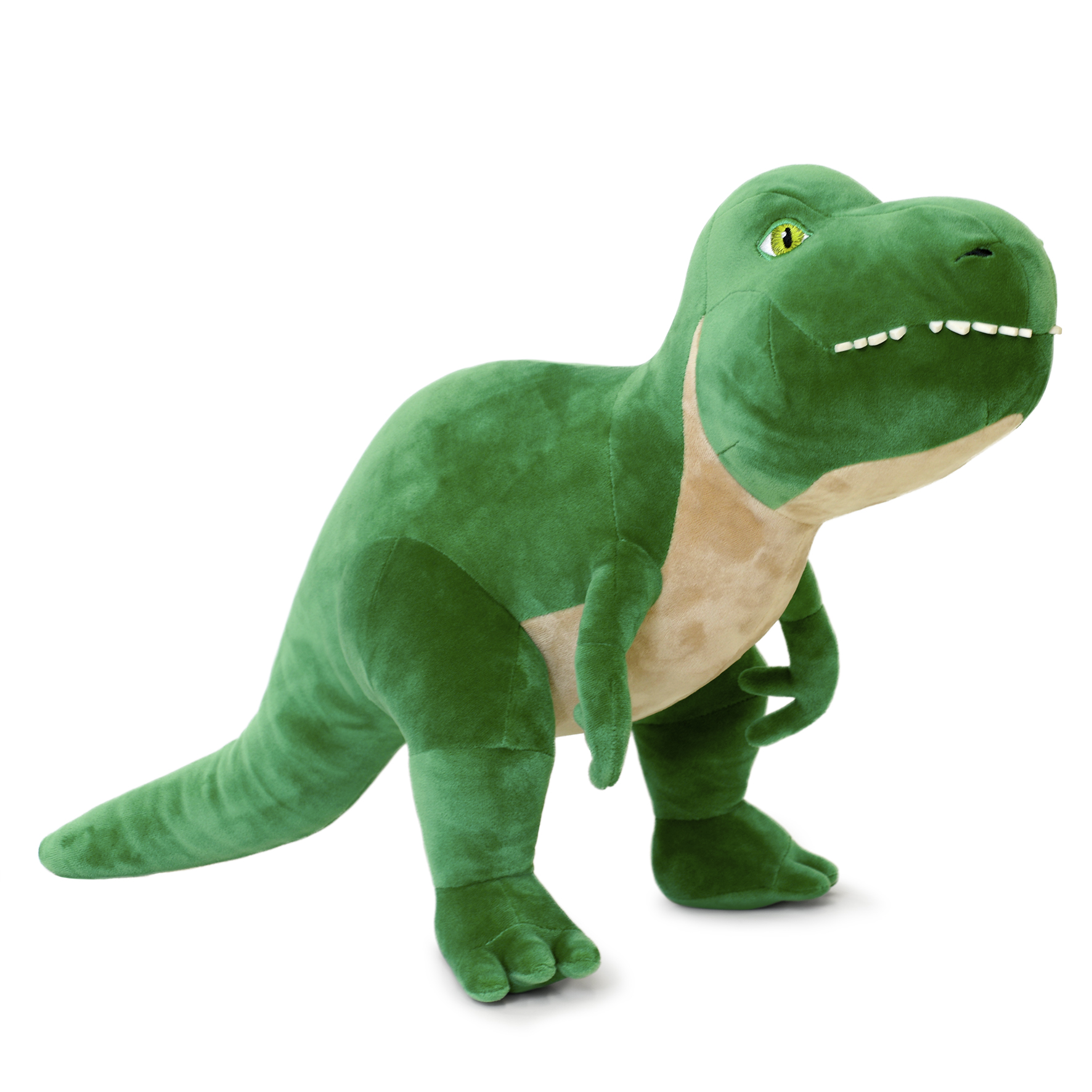 Ein grünes Plüschtier-Tyrannosaurus Rex mit beigem Bauch, weißen Zähnen und gelben Augen. Es befindet sich auf weißem Hintergrund.