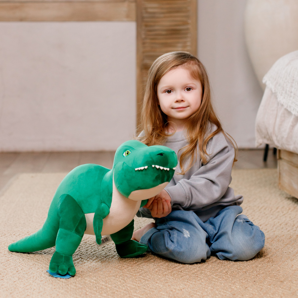 Ein junges Mädchen sitzt mit einem grünen Dinosaurier-Plüschtier. Sie trägt einen grauen Pullover und blaue Jeans. Sie sitzen auf einem beigen Teppich.