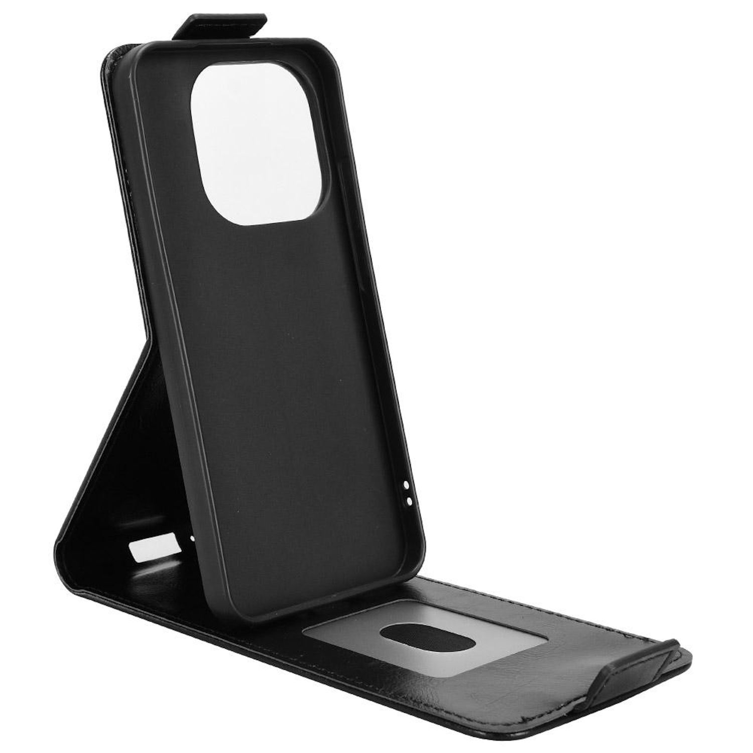 Funda de teléfono negra abierta, mostrando el interior. La funda tiene una ventana transparente y un soporte desplegable.
