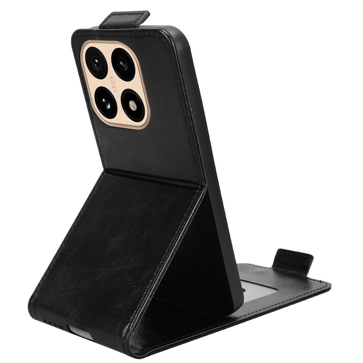 Una funda negra para teléfono con un teléfono dentro se muestra, mostrando las lentes de la cámara. La funda está abierta.