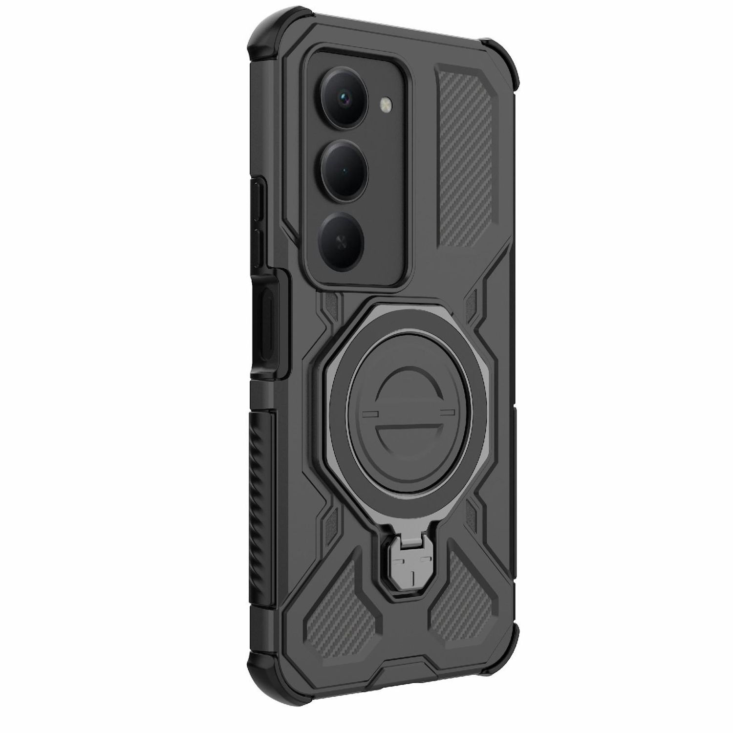 Schwarze Handyhülle mit Kameraausschnitten und einem Ringhalter. Es hat ein robustes Design mit strukturierten Bereichen.
