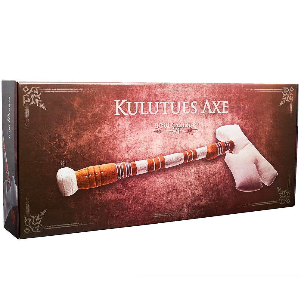 Scatola con 'Kulutues Axe'. L'ascia ha dettagli marroni e bianchi. Il manico dell'ascia è marrone e bianco. La testa dell'ascia è bianca.