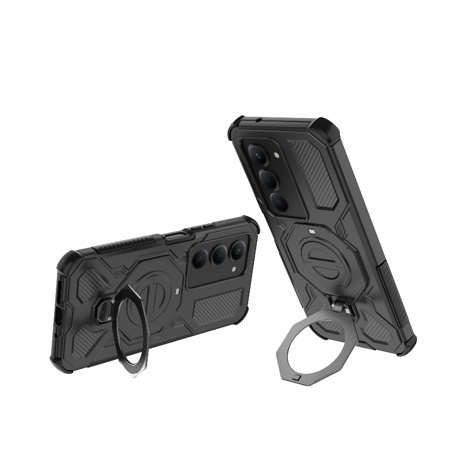 Zwei schwarze Handyhüllen mit Ringhaltern. Eine liegt flach, die andere steht. Beide haben Kameraausschnitte.