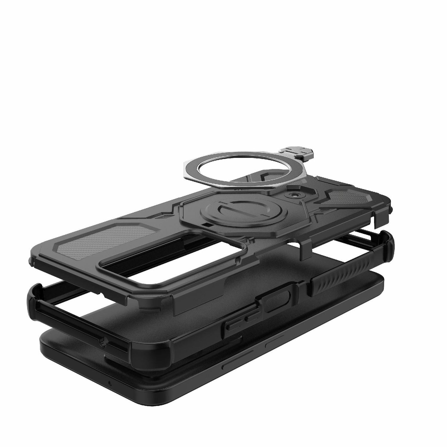 Zerlegtes schwarzes Handy-Case, das Schichten und einen Ringhalter zeigt. Alle Teile sind schwarz auf weißem Hintergrund.