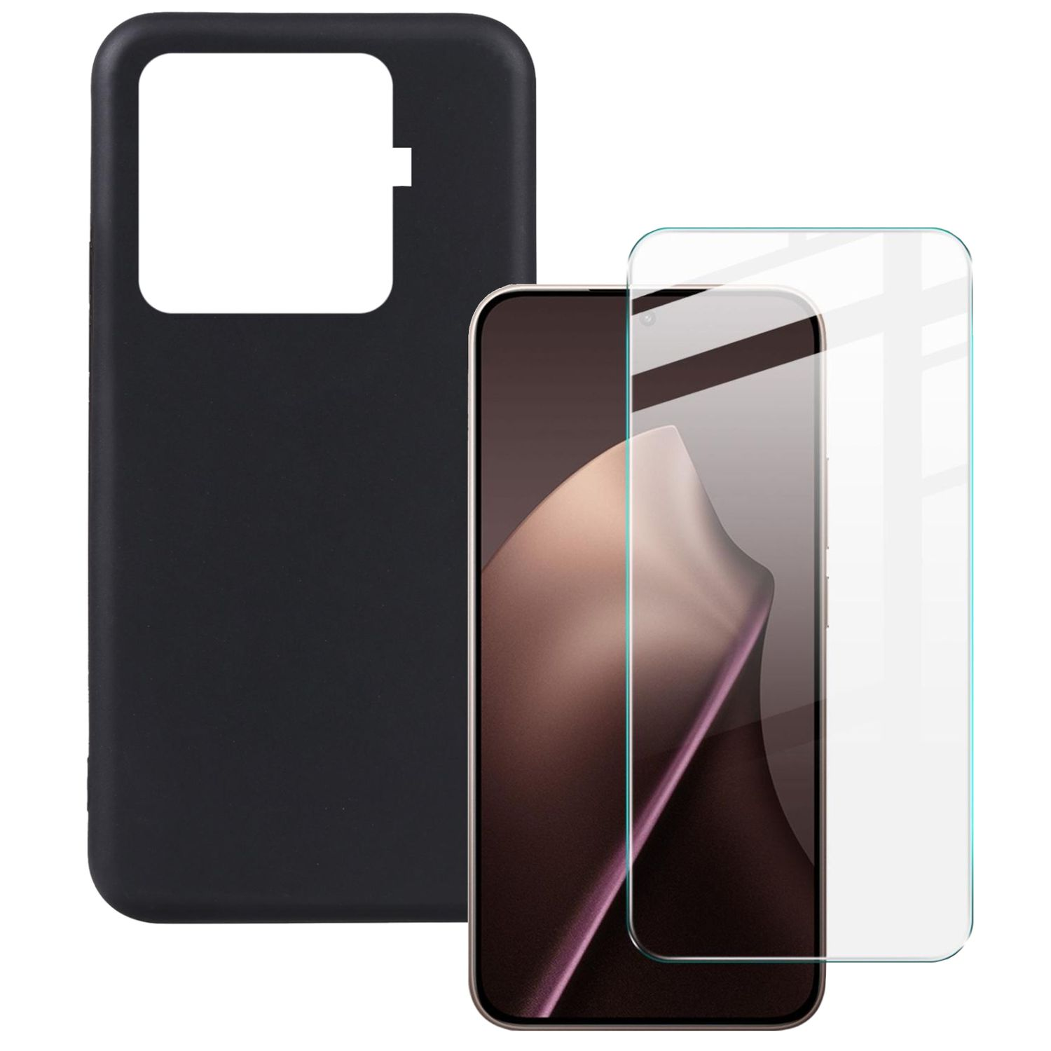 Ein Telefon, ein Displayschutz und eine Hülle werden angezeigt. Das Telefon befindet sich in der Mitte, der Displayschutz rechts und die Hülle links.