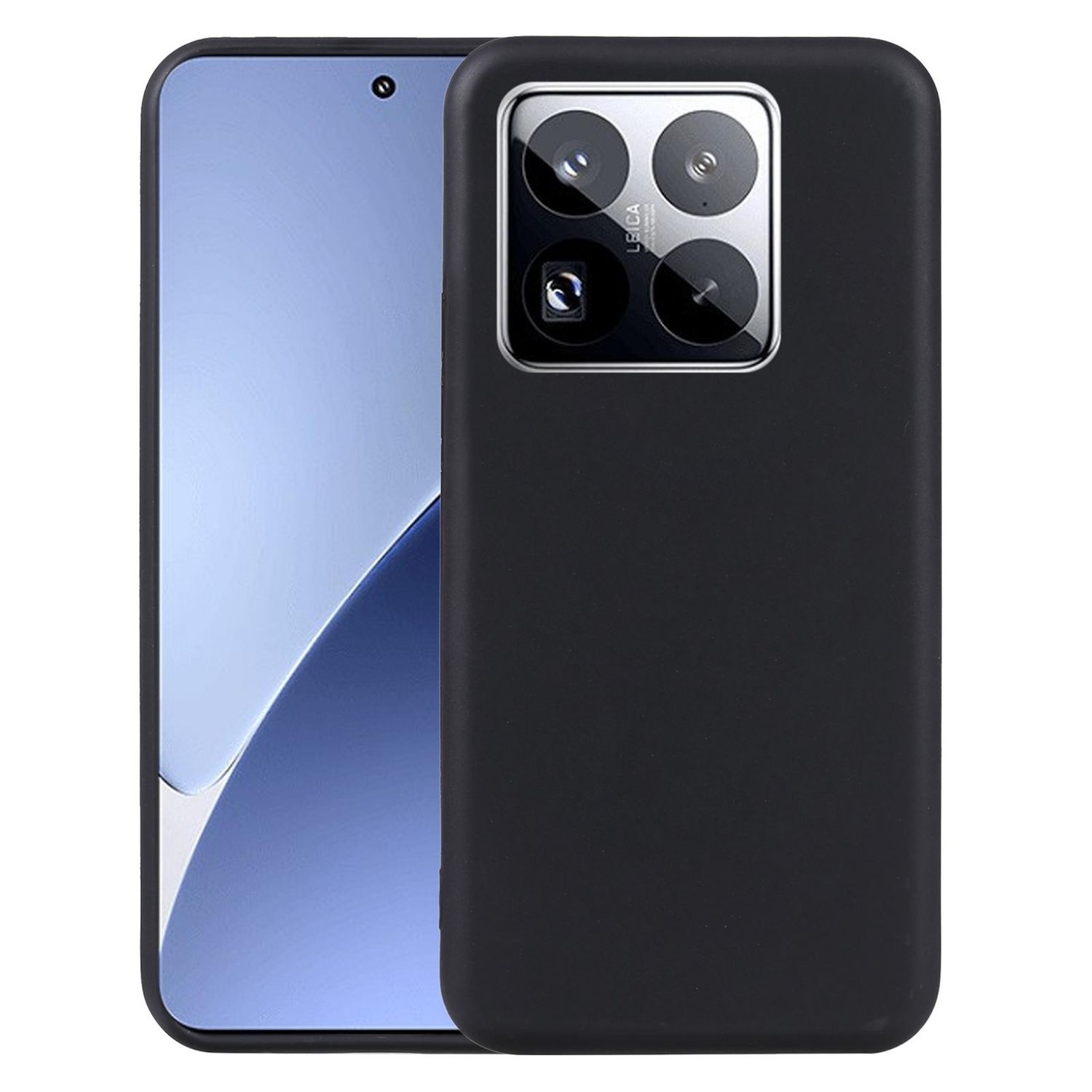 Eine schwarze Handyhülle mit einem Handy darin. Das Handy hat einen Bildschirm und ein Kameramodul. Handy und Hülle liegen nebeneinander.