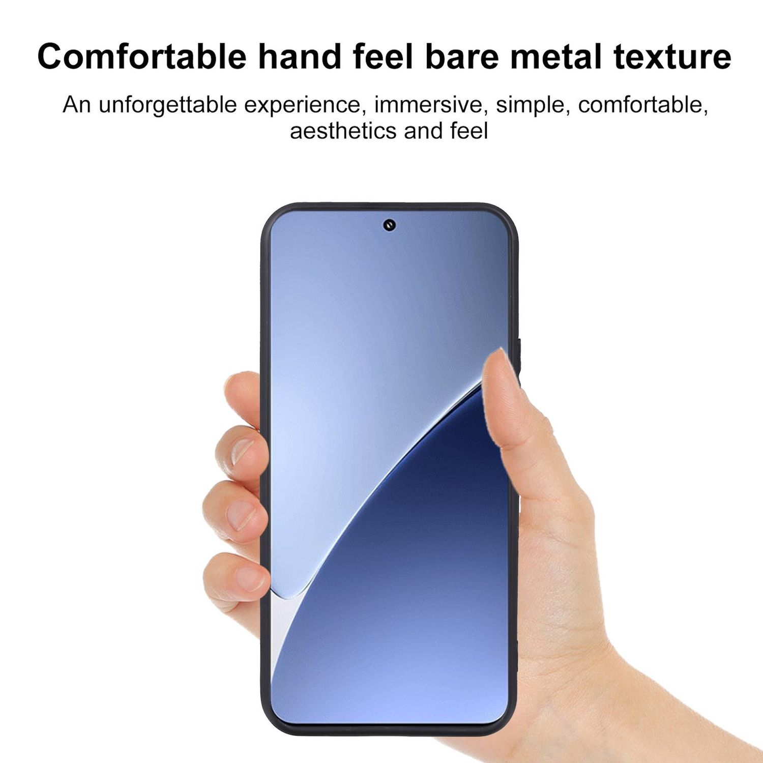 Eine Hand hält ein Smartphone. Das Telefon hat einen schwarzen Rahmen und einen blauen Farbverlauf. Text oben: angenehmes Handgefühl.