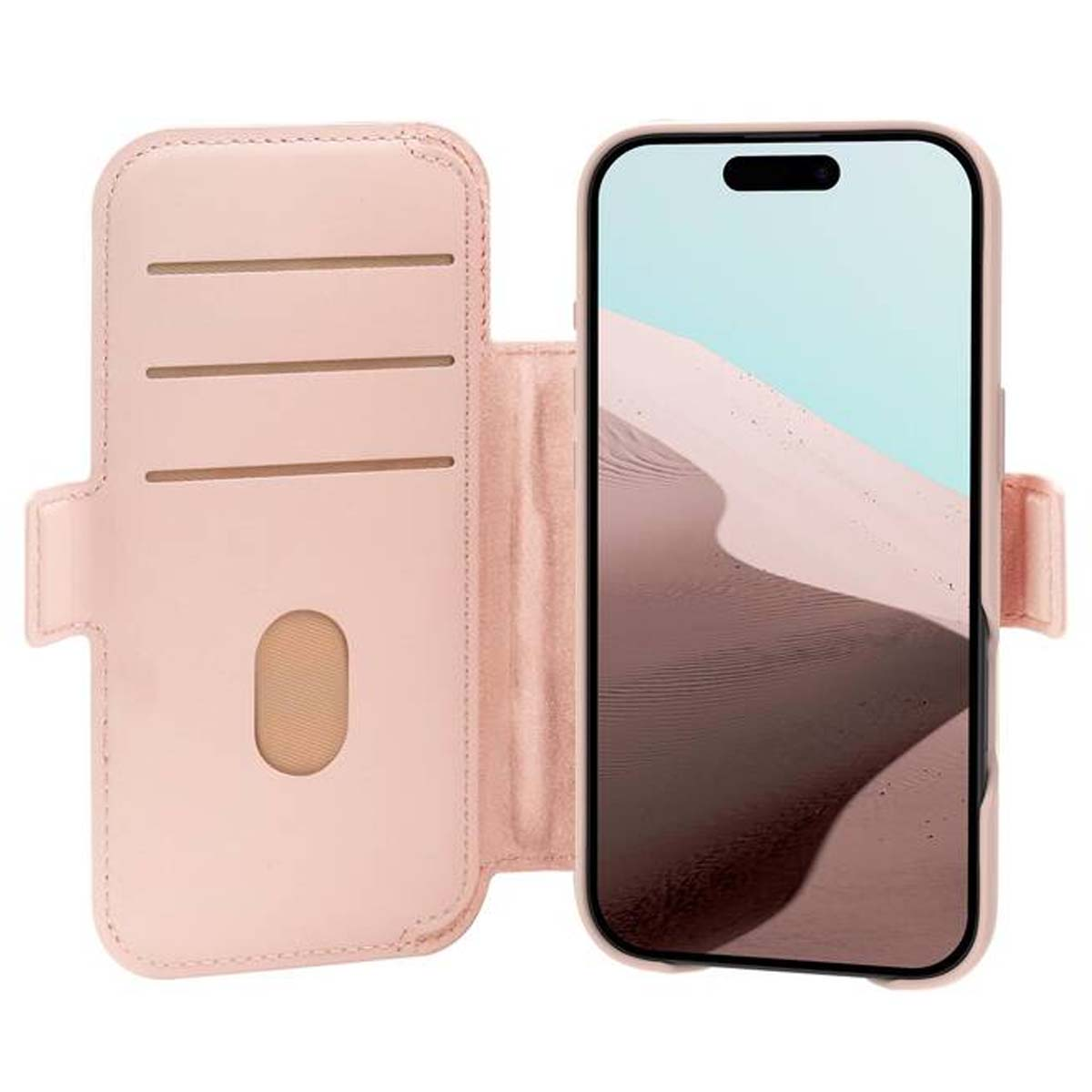 Custodia per telefono rosa con design a portafoglio aperto. Il telefono mostra un paesaggio desertico. La custodia ha fessure per carte e chiusura magnetica.