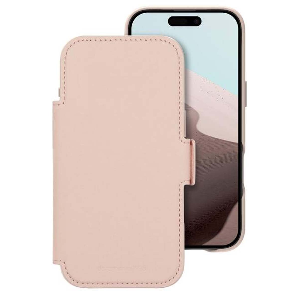 Una custodia rosa aperta, rivela un telefono con un paesaggio desertico sullo schermo. La custodia è in similpelle.