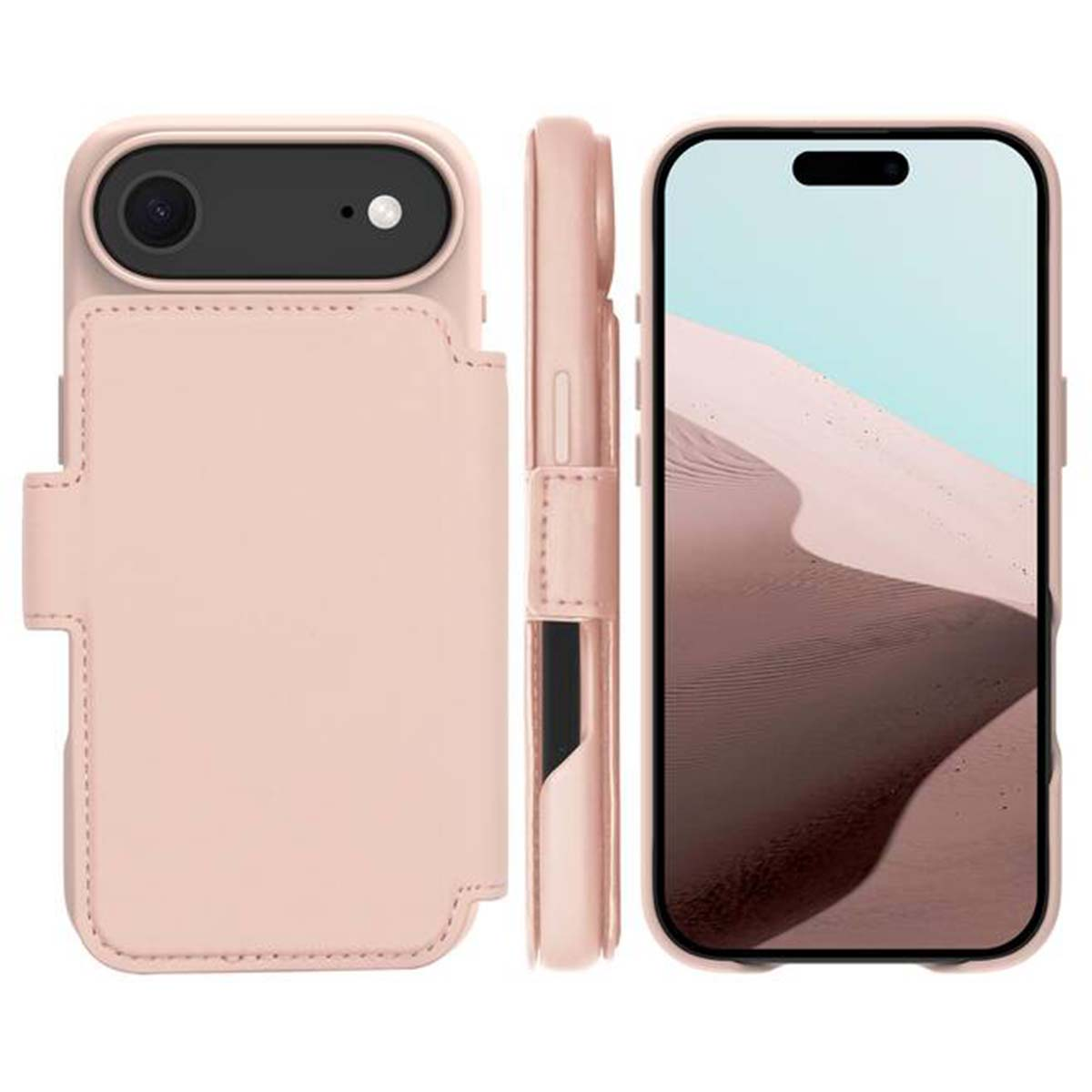 Tre viste di una custodia rosa per telefono con funzione portafoglio. Una vista mostra lo schermo del telefono con una scena desertica.