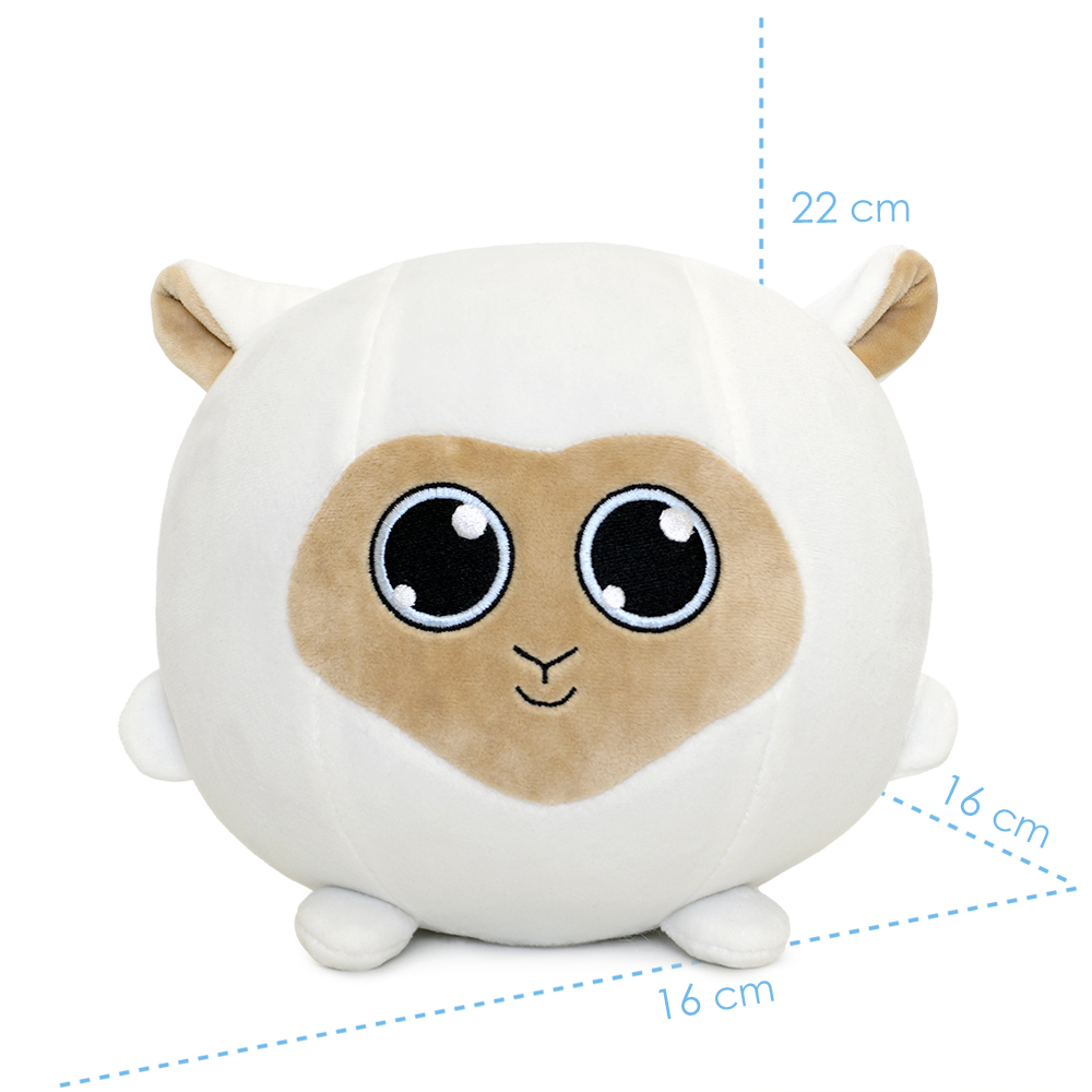 Ein weißes, rundes Plüschschaf mit großen Augen, einem braunen Gesicht und kleinen Ohren. Die Abmessungen sind 22 cm hoch und 16 cm breit.
