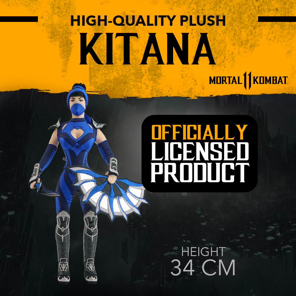 Ein Kitana-Plüschtier in Blau und Schwarz, das Fächer hält. Der Text lautet 'High-Quality Plush Kitana' und 'Officially Licensed Product'.