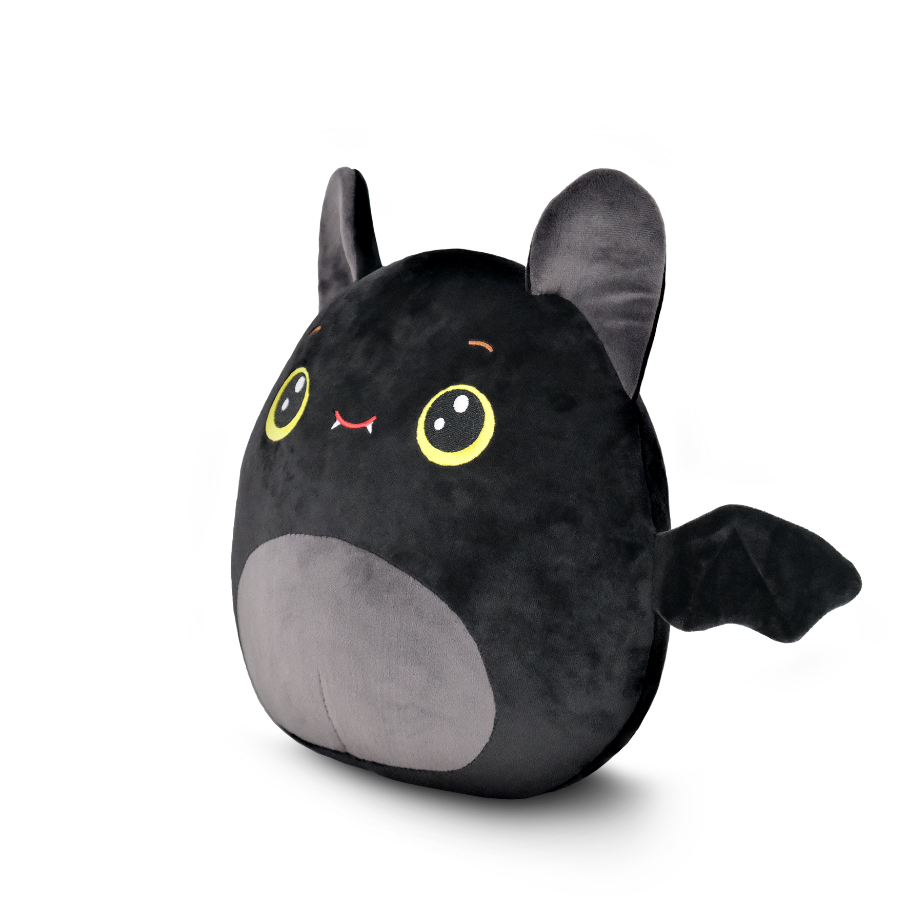 Ein Plüschfledermaus mit schwarzem Körper, grauem Bauch, Flügeln und Ohren. Es hat gelbe Augen und ein kleines rotes Lächeln.