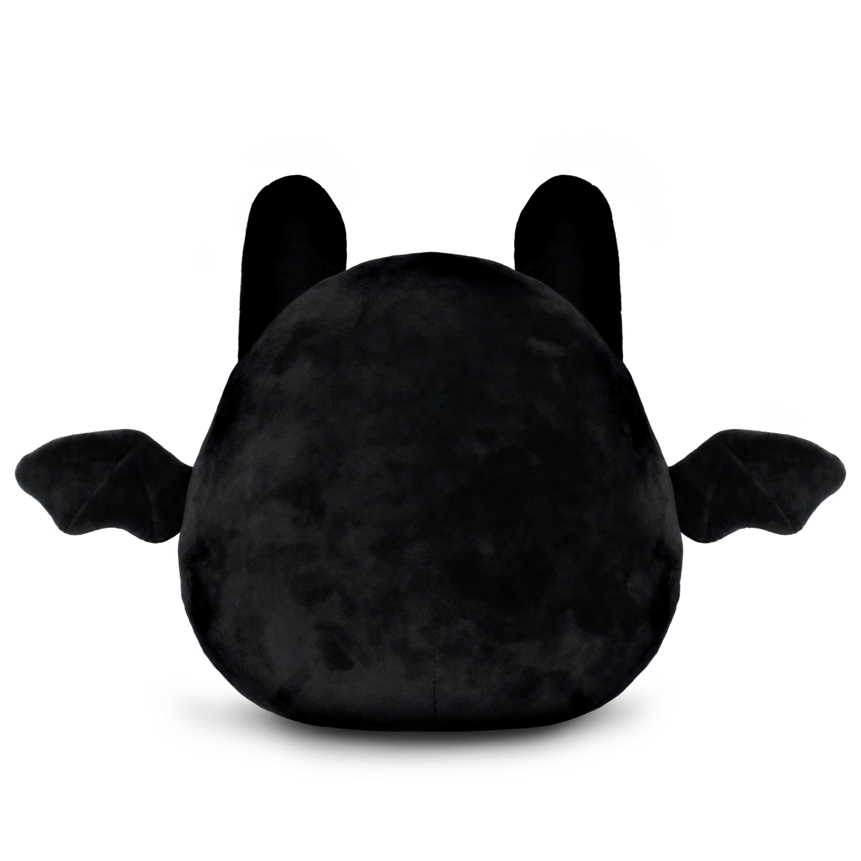 Schwarzes Plüsch-Fledermaus-Spielzeug mit Flügeln und Ohren auf weißem Hintergrund. Es hat einen abgerundeten Körper.