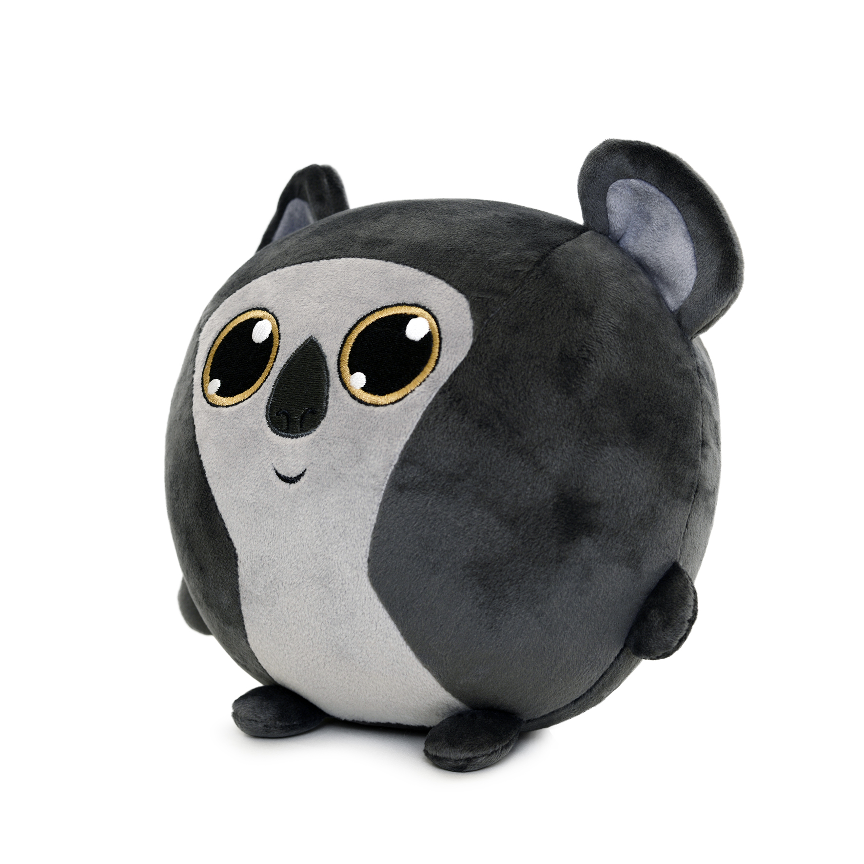 Ein rundes Koala-Plüschtier mit großen Augen, kleinen Ohren und einem lächelnden Gesicht. Es ist grau und schwarz auf weißem Hintergrund.