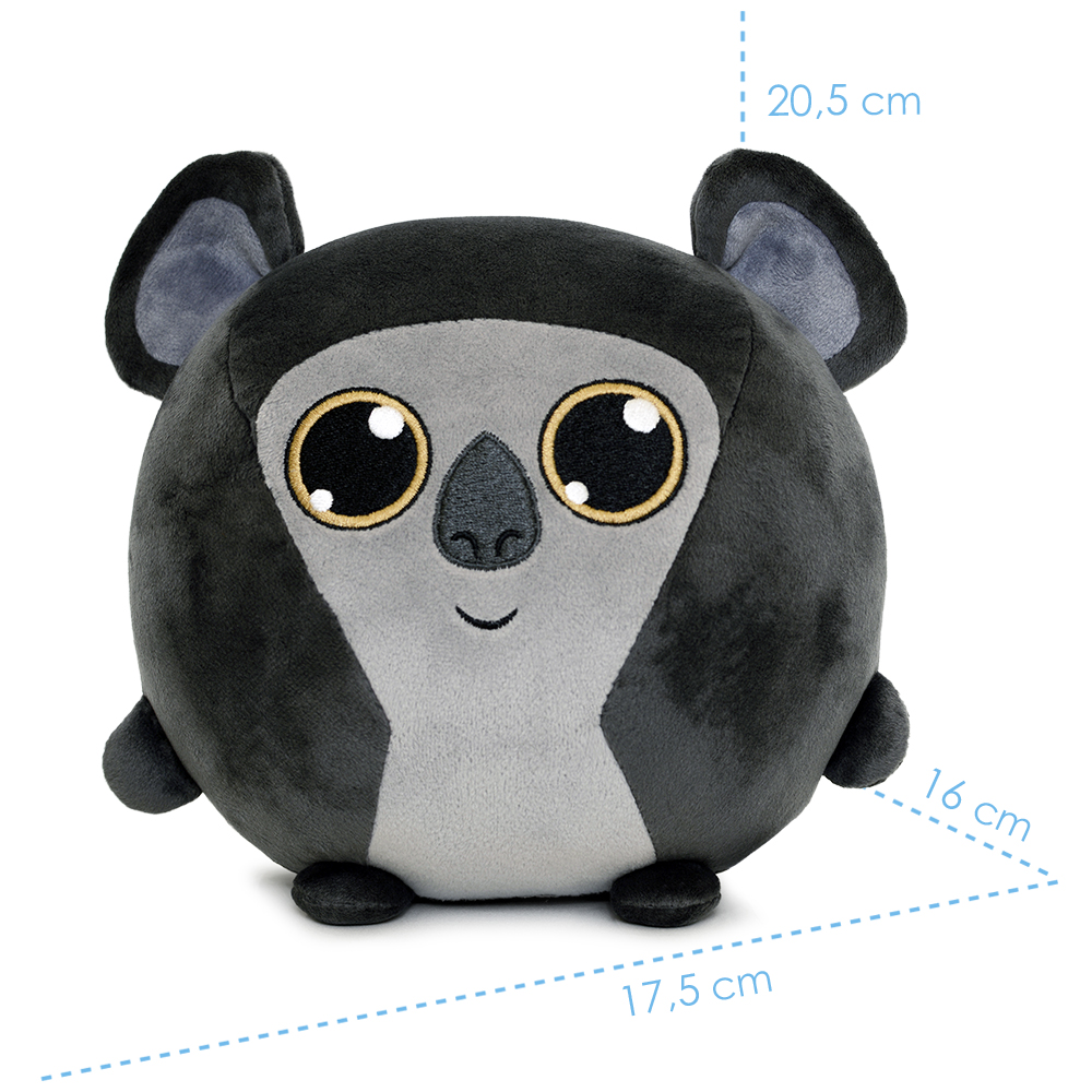 Ein rundes Koala-Plüschtier mit großen Augen, kleinen Armen und Ohren. Abmessungen: 20,5 cm hoch, 17,5 cm breit und 16 cm tief.