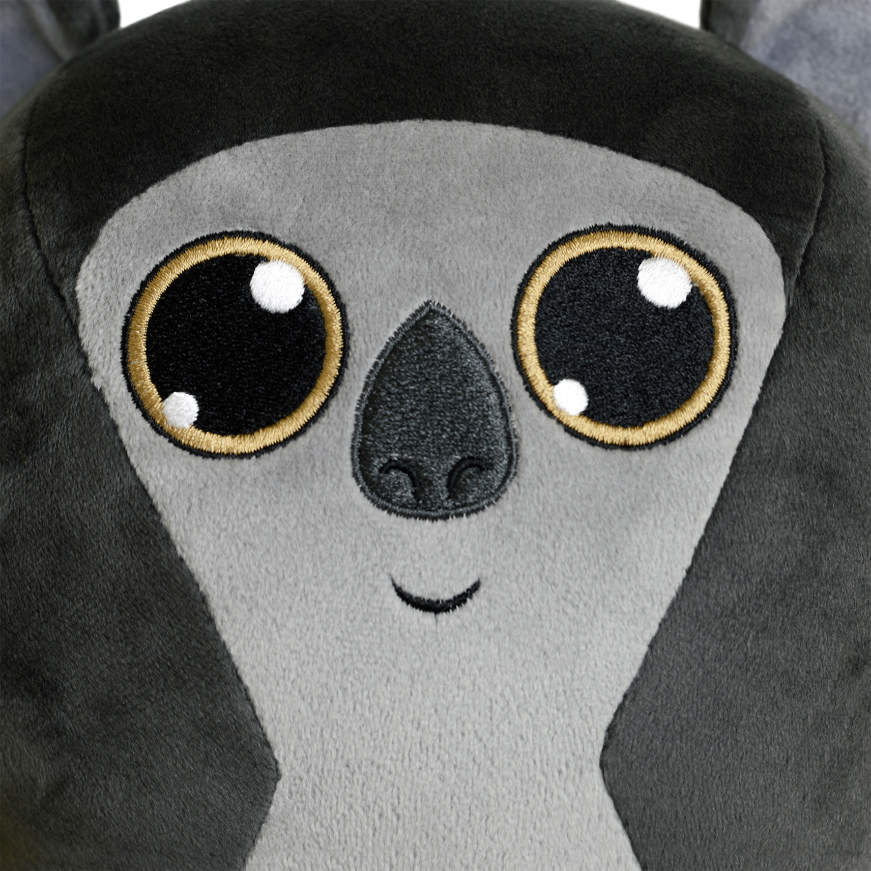 Nahaufnahme eines Plüsch-Koala-Gesichts. Es hat große schwarze Augen mit goldenen Rändern und weißen Glanzlichtern, eine schwarze Nase und ein Lächeln.