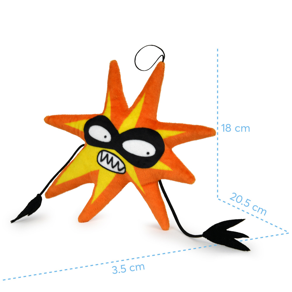 Ein sternförmiges Plüschtier mit Gesicht. Es ist orange und gelb, mit schwarzen Augen und Mund. Schwarze Schnüre gehen davon aus.