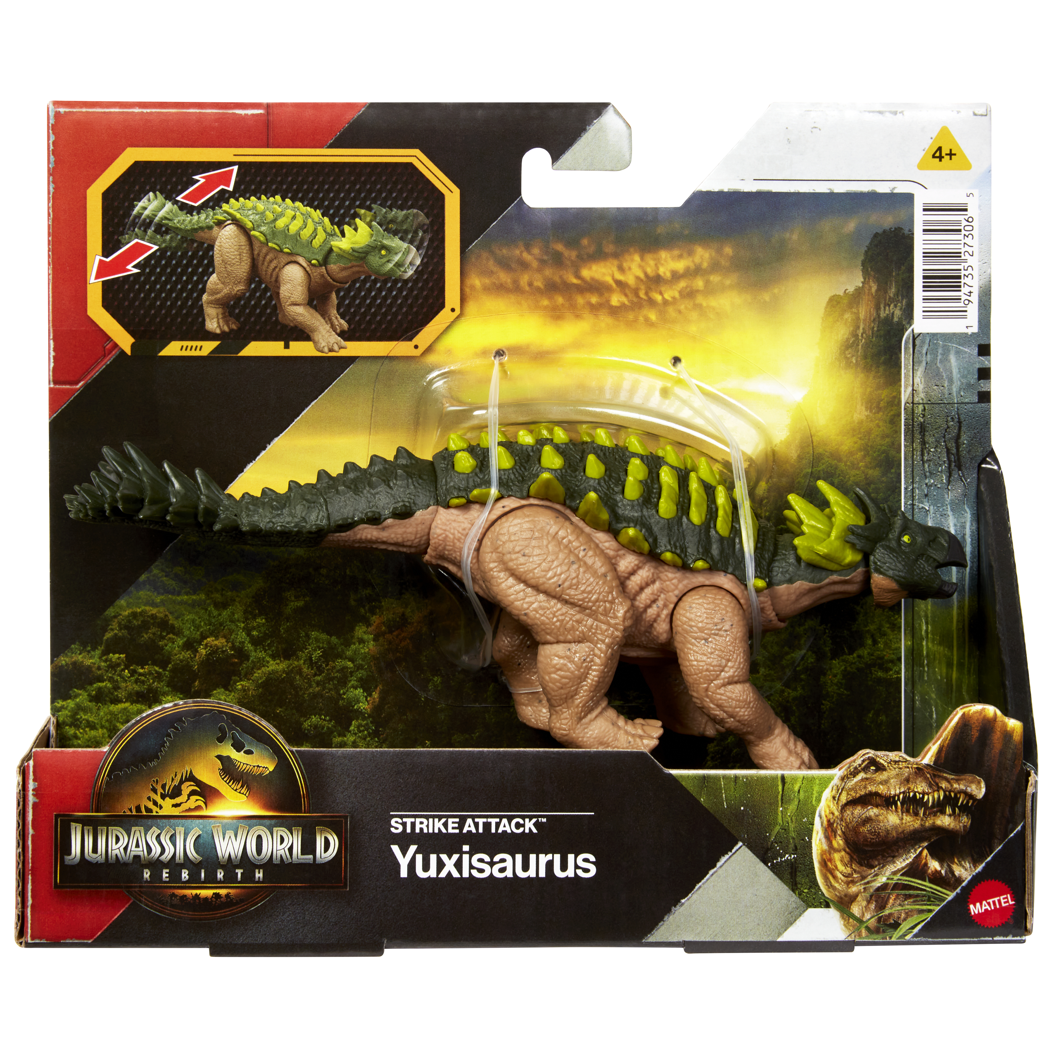 Ein Jurassic World Yuxisaurus-Spielzeug in einer Verpackung. Der Dinosaurier ist braun und grün. Die Verpackung zeigt einen Wald und einen Dinosaurier.