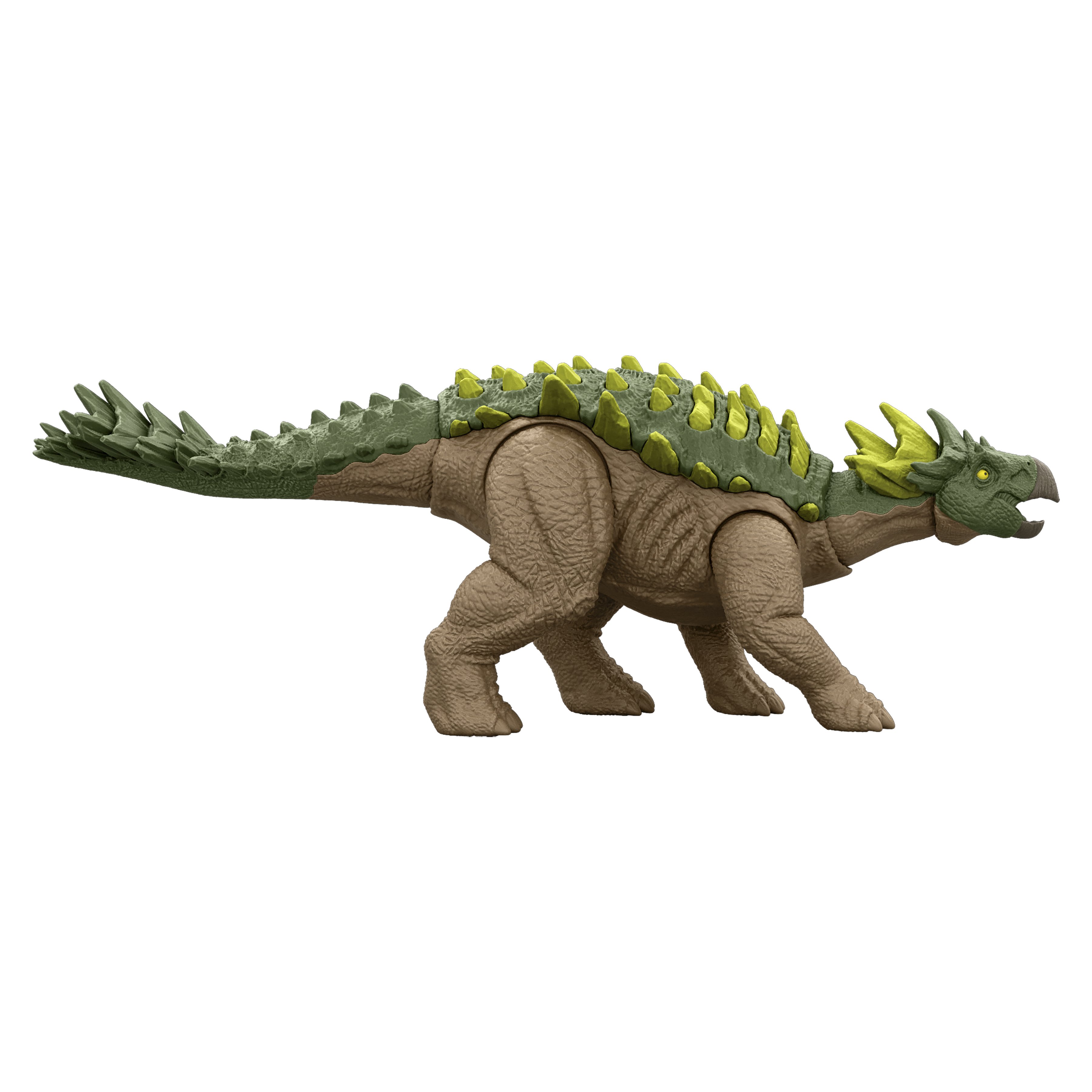 Ein Spielzeug-Dinosaurier mit grünen und braunen Farben, einem stacheligen Rücken und einem langen Schwanz.