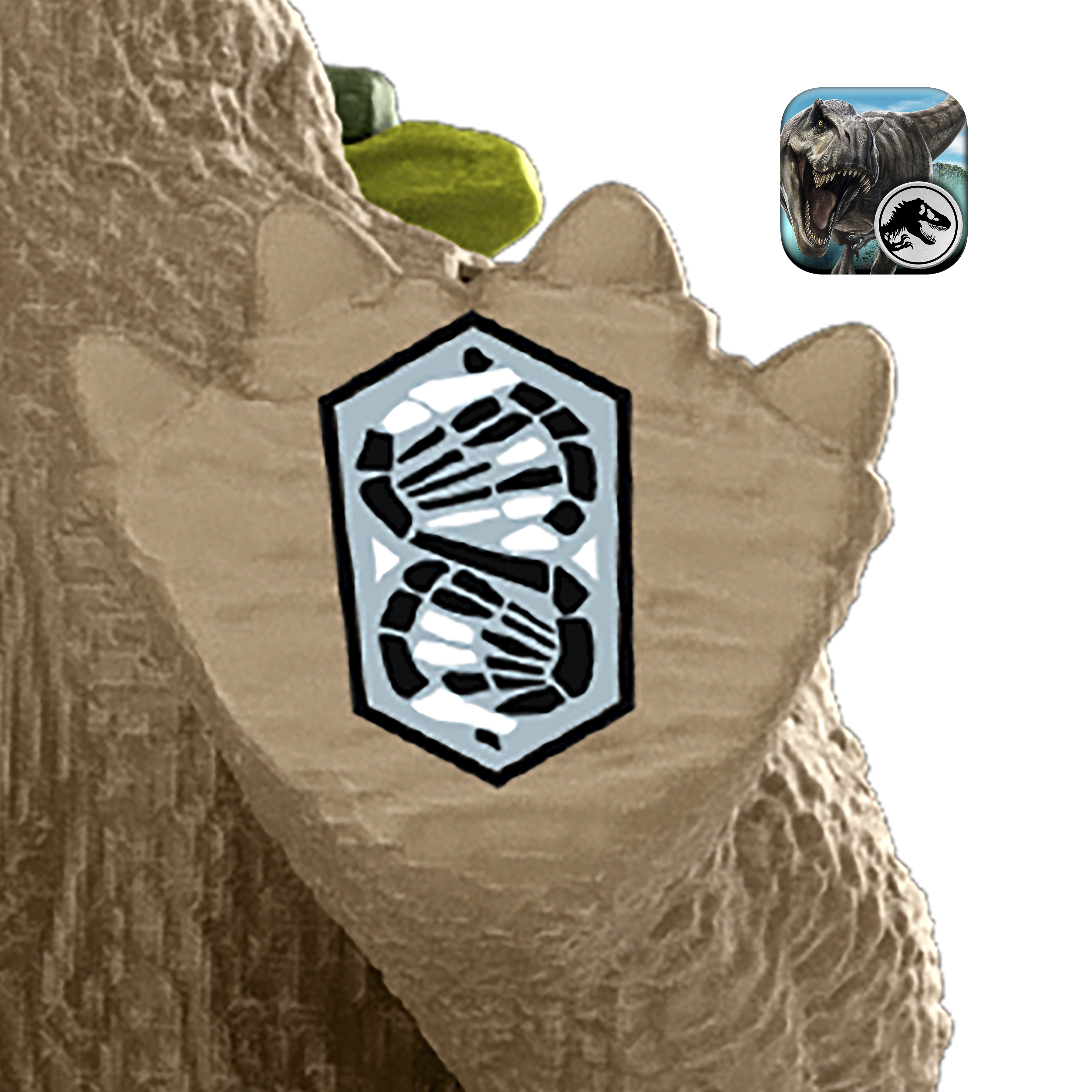 Ein tanfarbener Dinosaurierfuß mit einem QR-Code, einem grünen Objekt und einem Jurassic World App-Symbol.