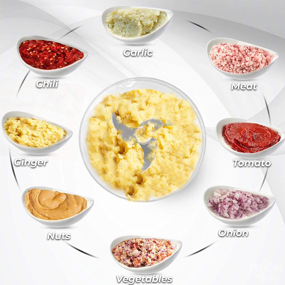 Ein Food-Processor mit verschiedenen Zutaten: Chili, Knoblauch, Fleisch, Tomaten, Zwiebeln, Gemüse, Ingwer und Nüsse.
