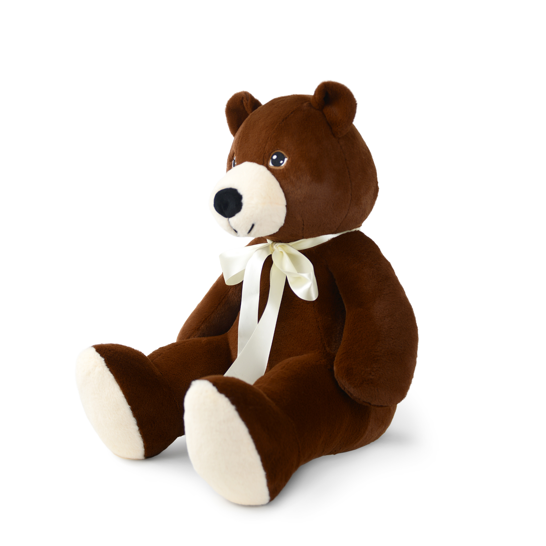 Ein brauner Teddybär mit cremefarbener Schleife sitzt vor weißem Hintergrund.