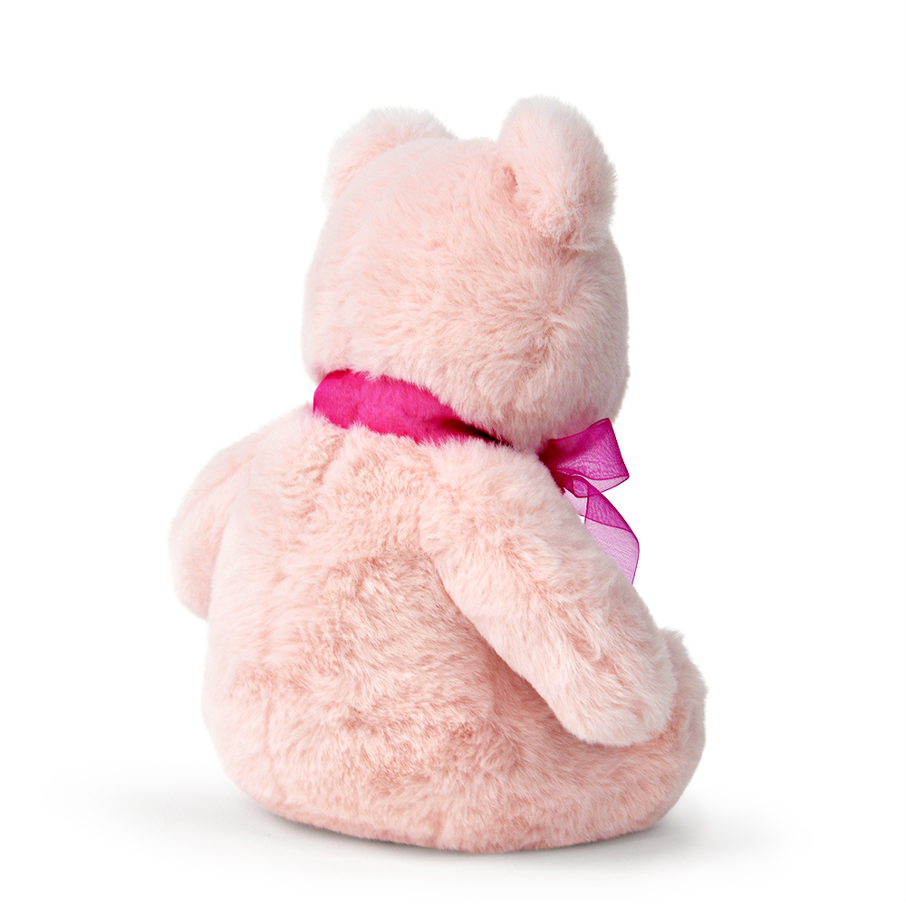 Ein rosa Teddybär von hinten gesehen. Er hat ein rosa Band um den Hals und eine Schleife an der Seite. Der Hintergrund ist weiß.