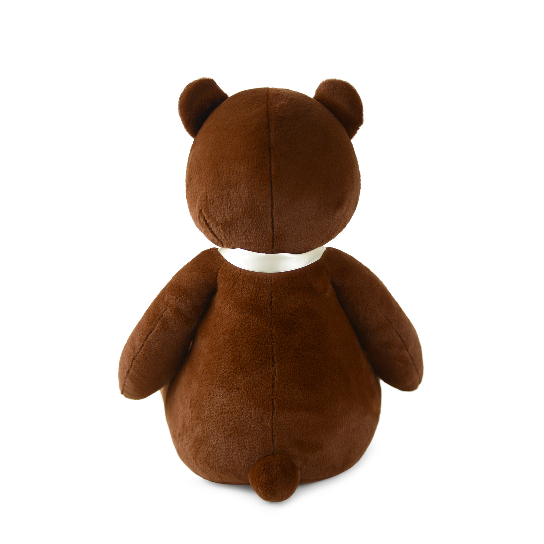 Brauner Teddybär von hinten auf weißem Grund. Er hat ein weißes Band.