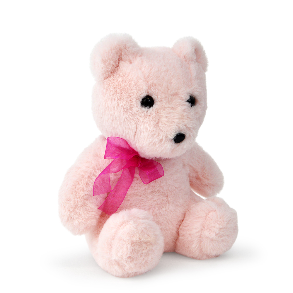Ein rosa Teddybär mit einer rosa Schleife, schwarzen Augen und Nase, der auf weißem Hintergrund sitzt.