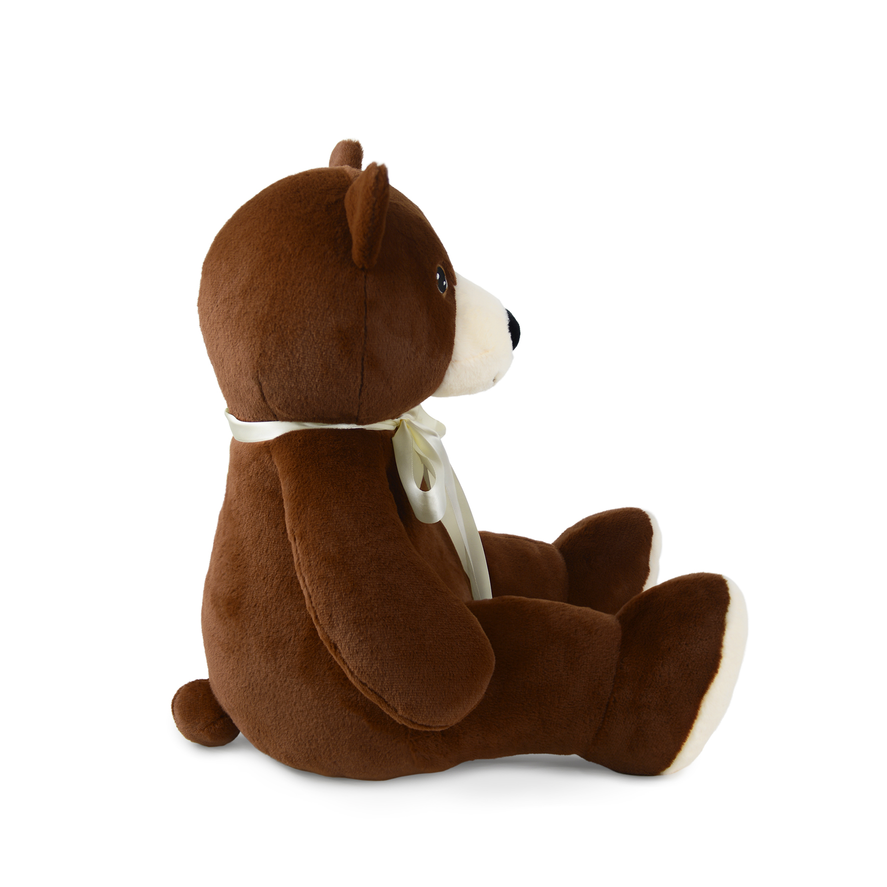 Ein brauner Teddybär sitzt nach links gerichtet, mit einer cremefarbenen Schleife. Der Bär hat weiße Pfoten und ein cremefarbenes Gesicht.