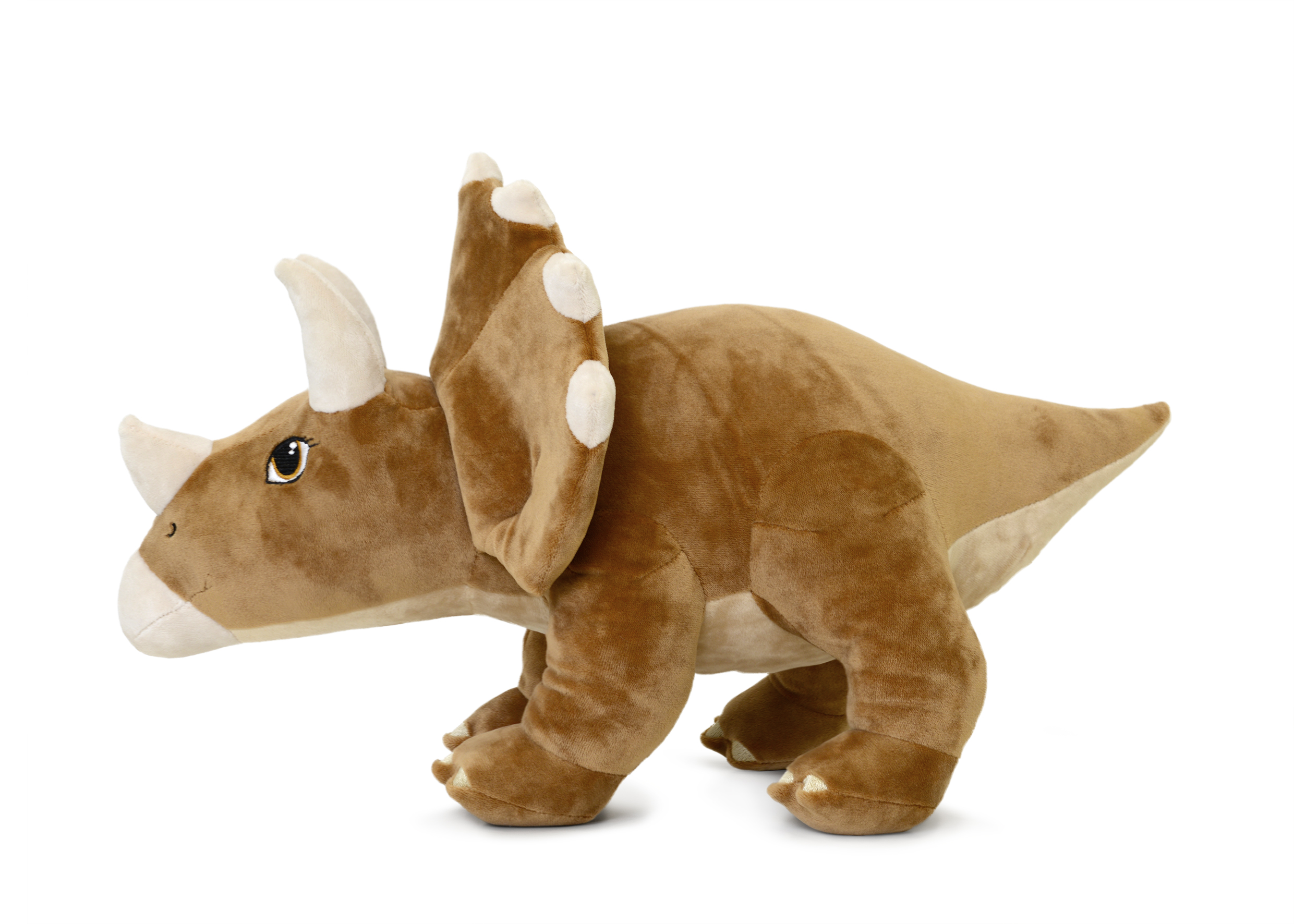 Braunes Plüsch-Triceratops-Spielzeug mit Hörnern, Rüschen und Beinen auf weißem Hintergrund.