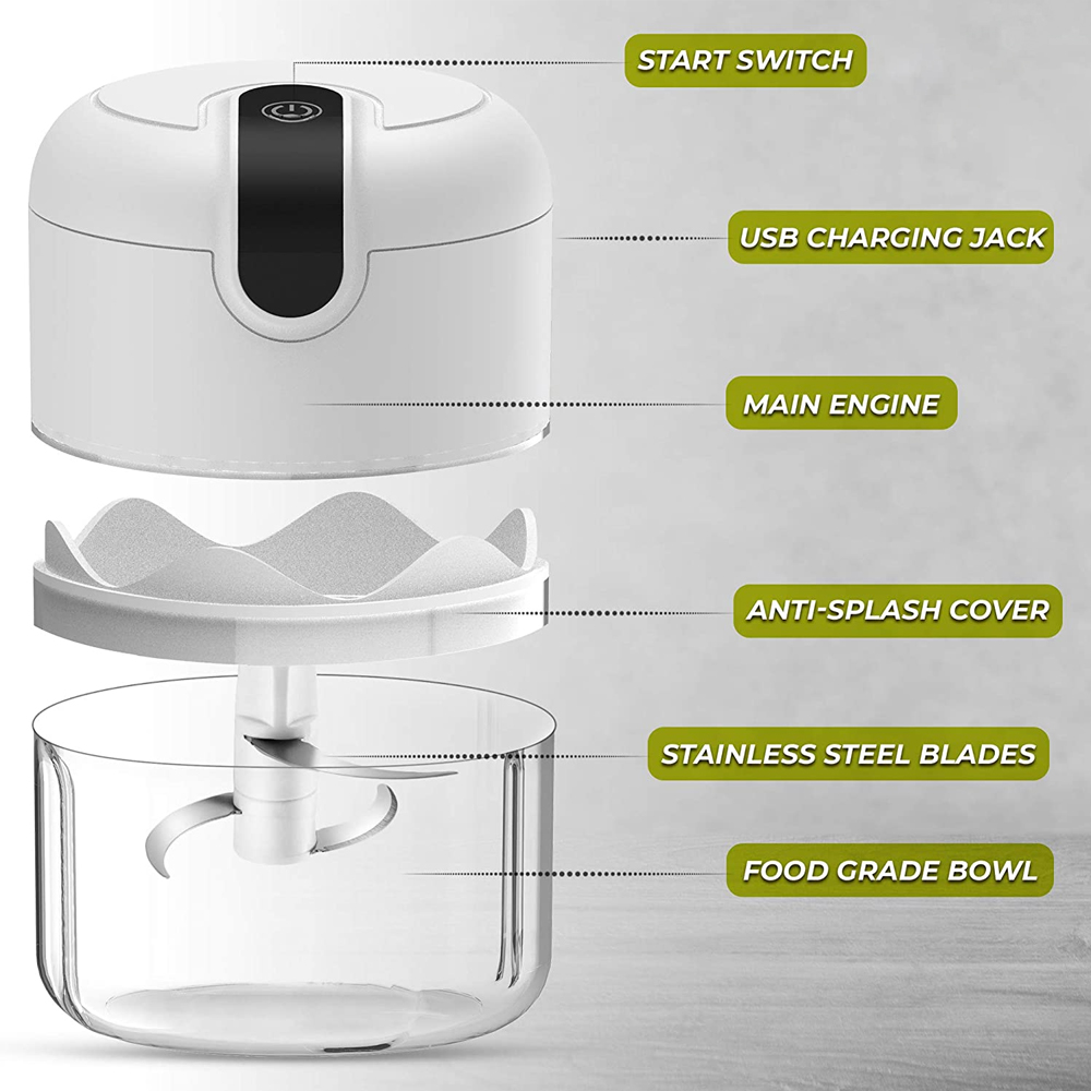 Zerlegter weißer Küchenmixer mit Startschalter, USB-Anschluss, Hauptmotor, Spritzschutz, Klingen und Schüssel.