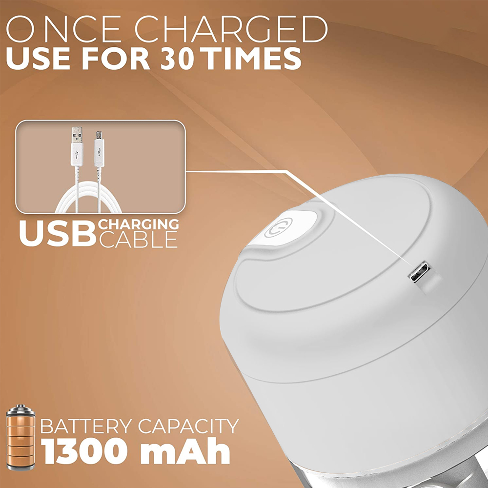 Ein weißes Gerät mit USB-Ladekabel und einer Batteriekapazität von 1300 mAh. Nach dem Aufladen 30 Mal verwenden.