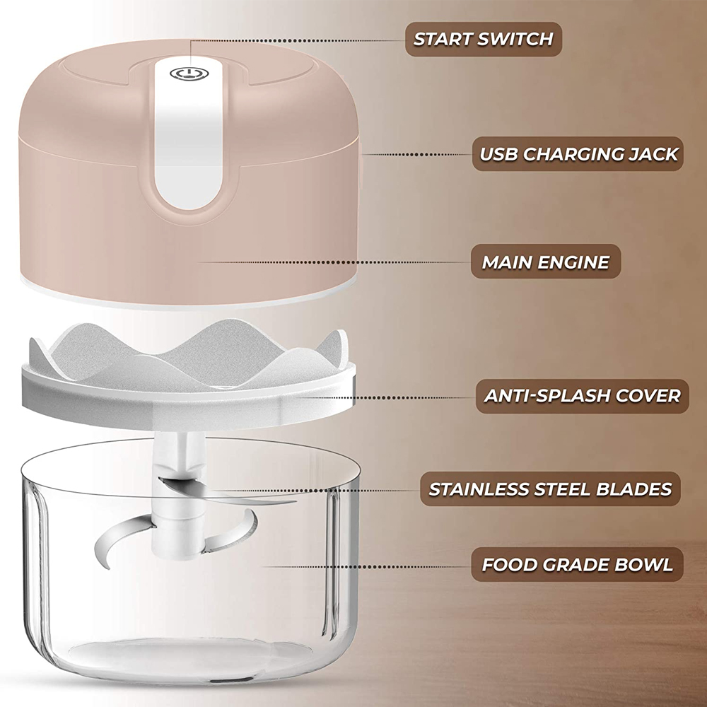 Ein zerlegter Foodprozessor zeigt Teile: Startschalter, USB-Ladeanschluss, Hauptmotor, Spritzschutz, Klingen und lebensmittelechte Schüssel.