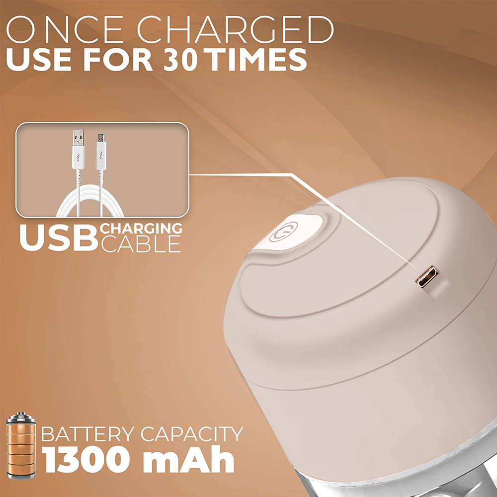 Ein beiges Gerät mit USB-Ladeanschluss, Ladekabel und Text, der die Batteriekapazität und Nutzungszeiten angibt.