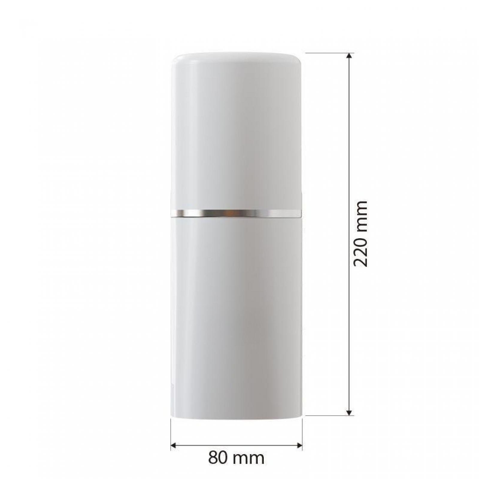 Ein weißer Zylinder, 80 mm breit und 220 mm hoch. Abmessungen werden durch Pfeile angezeigt. Eine silberne Linie trennt die Teile.