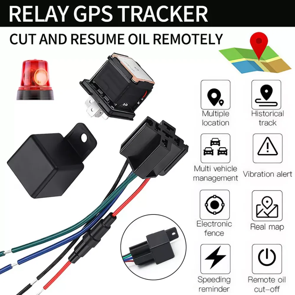 Das Bild zeigt einen GPS-Tracker mit Funktionssymbolen. Enthält ein rotes Licht und ein schwarzes Relais. Text: Öl aus der Ferne schneiden und wiederherstellen.