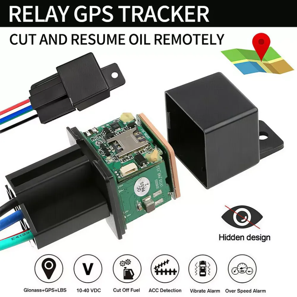 Ein GPS-Tracker mit Komponenten, Drähten, einem Kartensymbol und Funktionssymbolen. Text: Relay GPS Tracker, Öl ferngesteuert abschalten und fortsetzen.