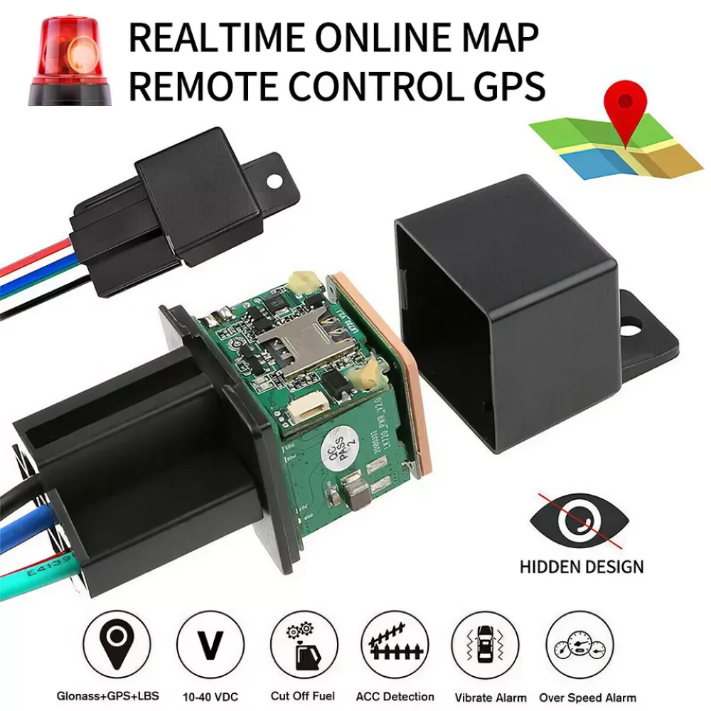 Das Bild zeigt ein GPS-Gerät mit einer Leiterplatte, Drähten und Symbolen für Funktionen wie GPS, Kraftstoffabschaltung und Vibrationsalarm.