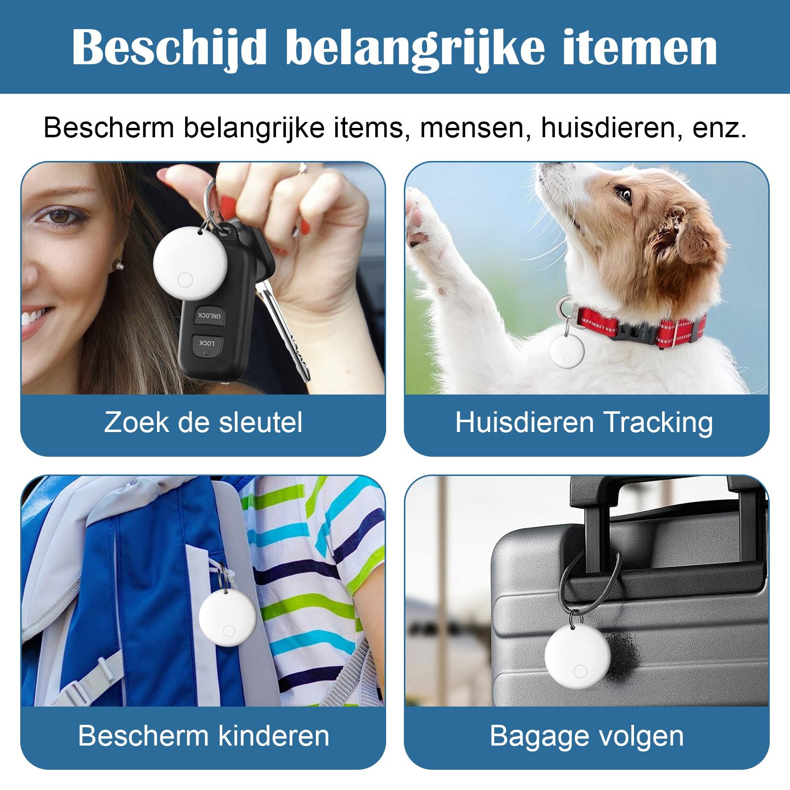 Das Bild zeigt eine Frau mit Schlüsseln, einen Hund mit Halsband, einen Kinderrucksack und einen Koffer, alle mit Ortungsgeräten.