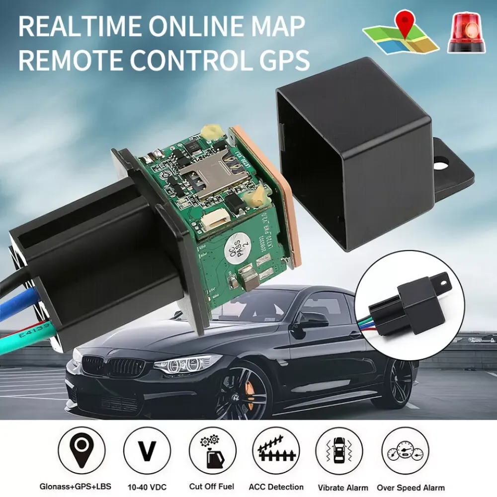 Ein GPS-Gerät mit Leiterplatte, schwarzer Box und Auto. Funktionen umfassen Echtzeit-Tracking, Fernbedienung und verschiedene Alarme.