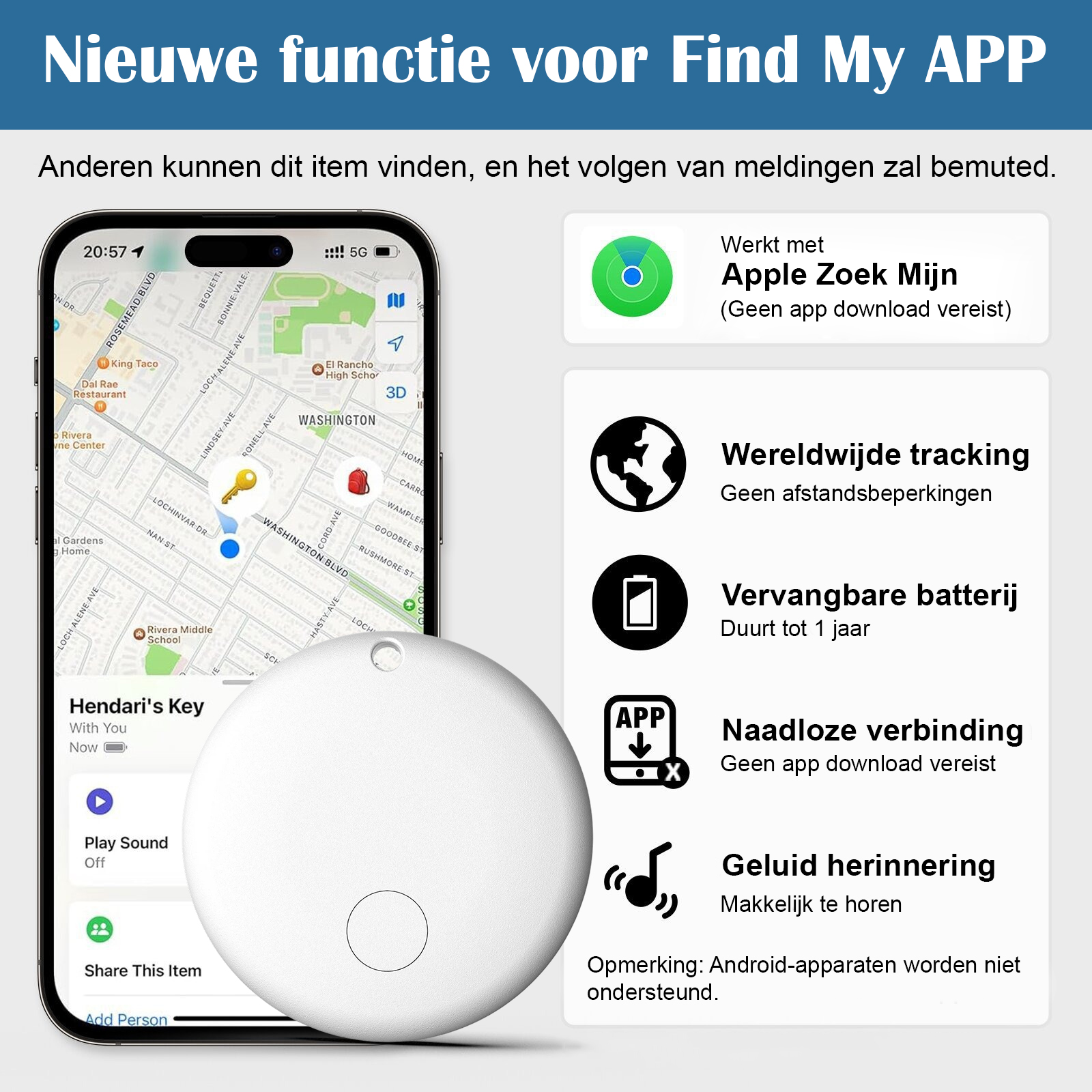 Das Bild zeigt eine Karte, einen weißen Tracker und Informationen zur Find My App.