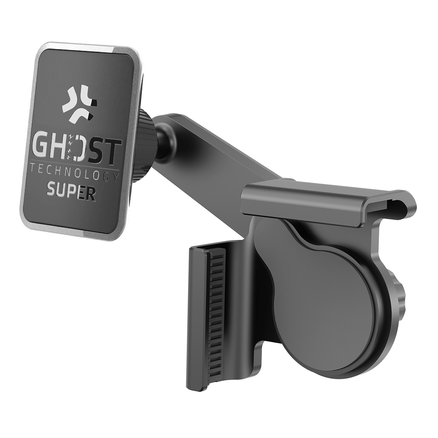 Ein schwarzer Telefonhalter mit dem Text 'GHOST TECHNOLOGY SUPER' auf einer rechteckigen Platte. Er hat einen Schwenkarm und einen Clip.