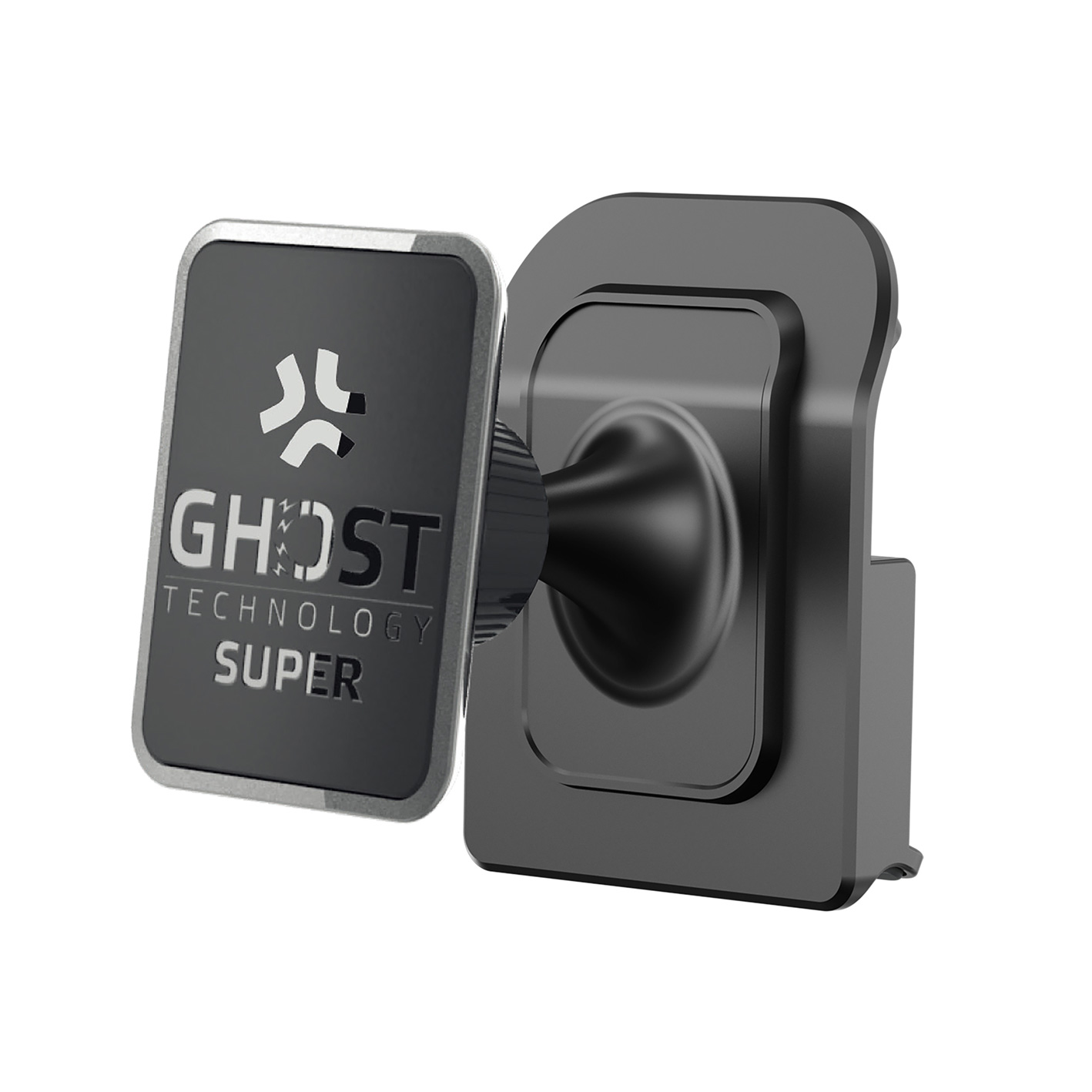 Eine schwarze Autotelefonhalterung mit rechteckiger Magnetplatte und Kugelgelenk. Auf der Platte steht 'GHOST TECHNOLOGY SUPER'.