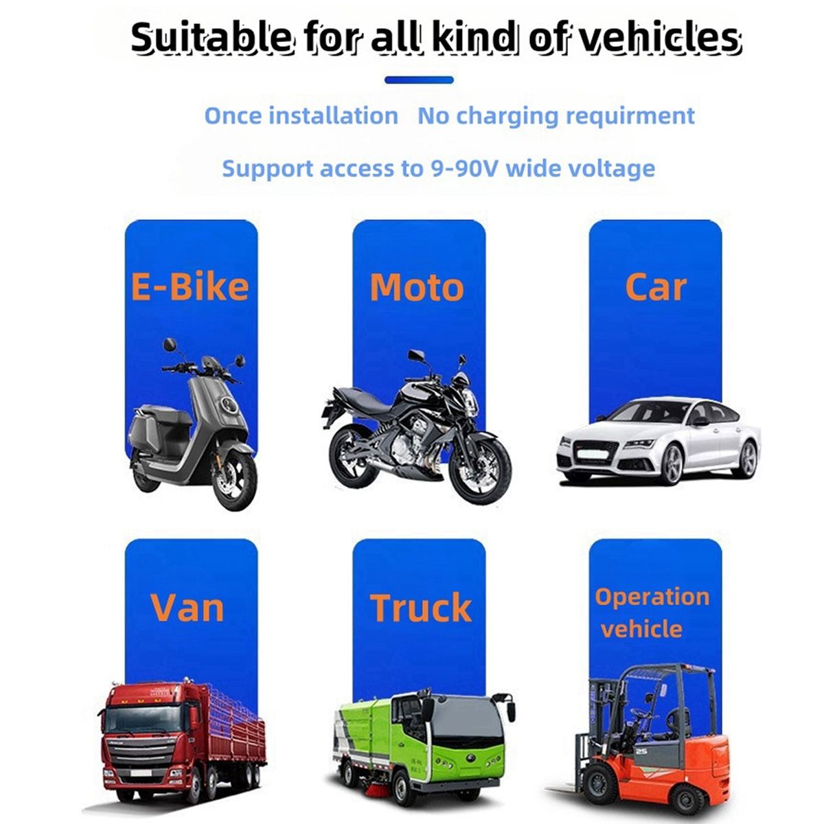 Das Bild zeigt verschiedene Fahrzeuge: E-Bike, Motorrad, Auto, Van, LKW und Gabelstapler. Text hebt hervor: für alle Fahrzeuge geeignet und einfache Installation.