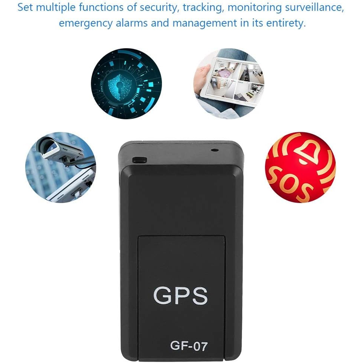 Schwarzer GPS-Tracker mit GPS-Aufschrift, Text GF-07. Oben befinden sich Symbole: Sicherheitsschloss, Überwachungsbilder, Kamera und SOS-Glocke.