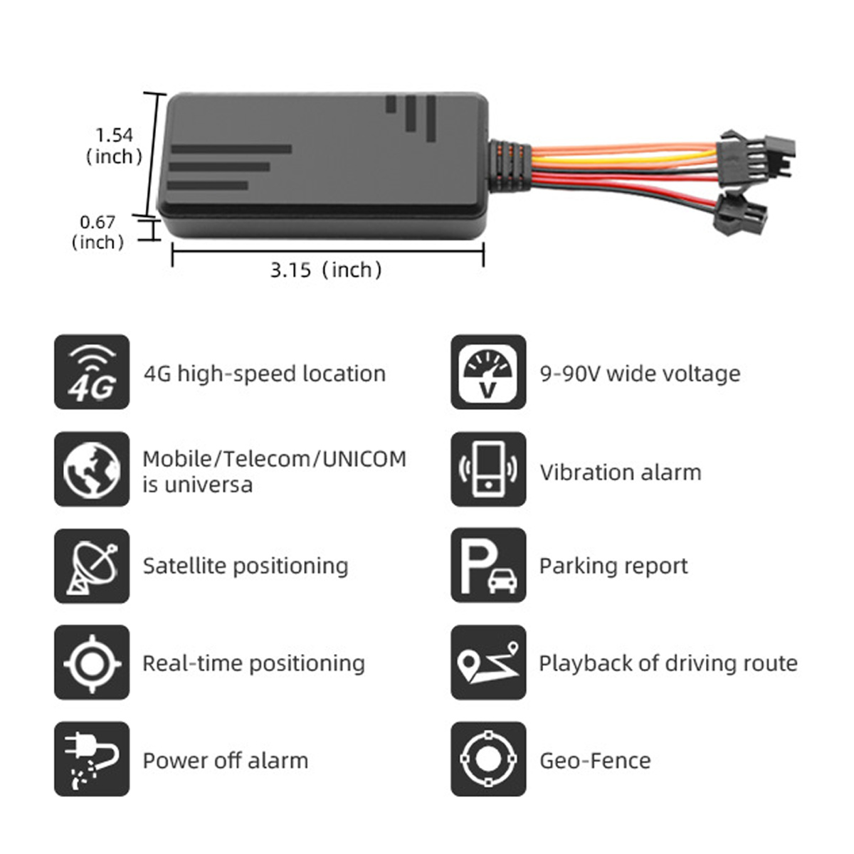 Ein schwarzer GPS-Tracker mit Drähten, der Abmessungen und Symbole für Funktionen wie 4G, GPS und Parkberichte zeigt.
