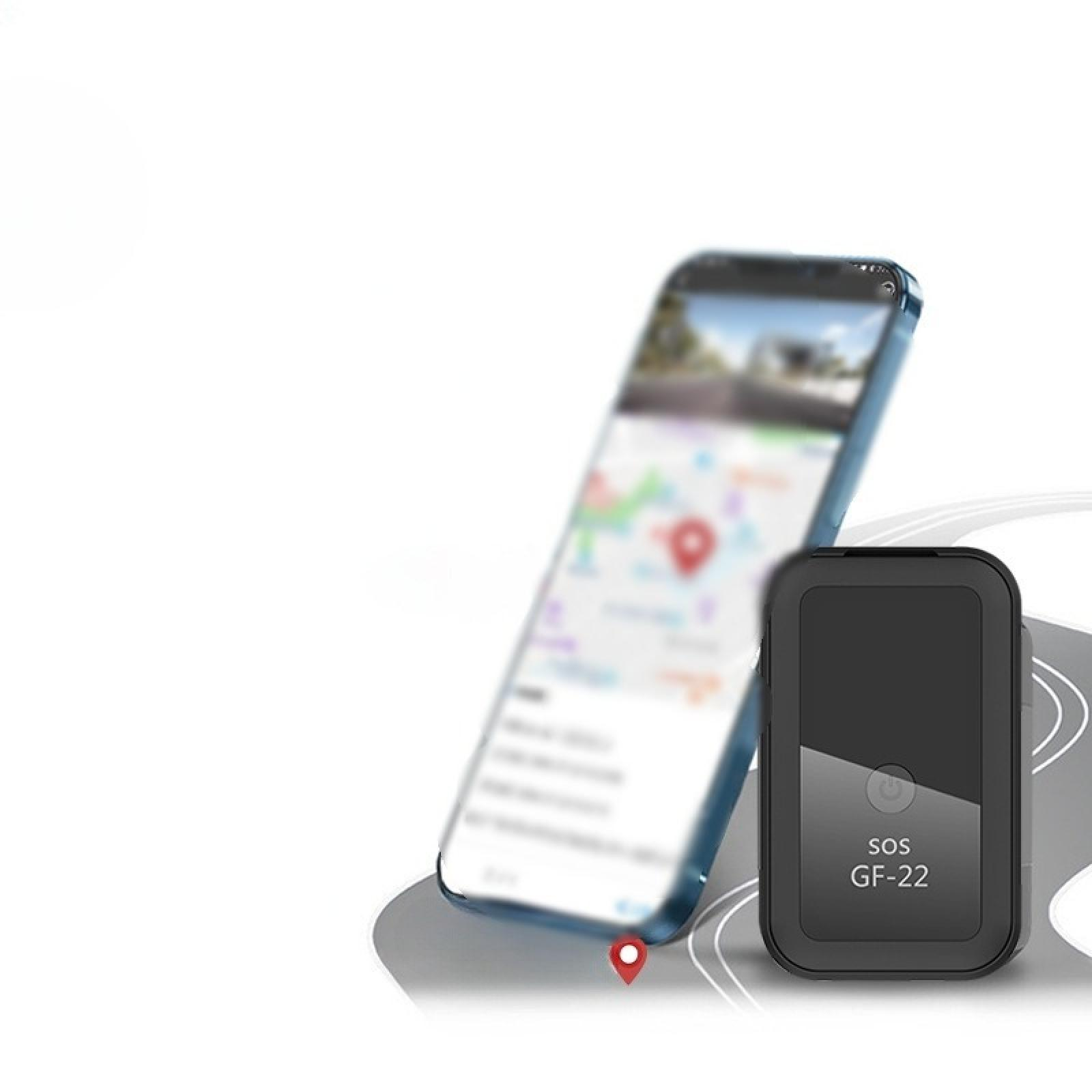 Ein Telefon, das eine Karte anzeigt, und ein schwarzer GPS-Tracker mit der Aufschrift 'SOS GF-22' auf weißem Grund.