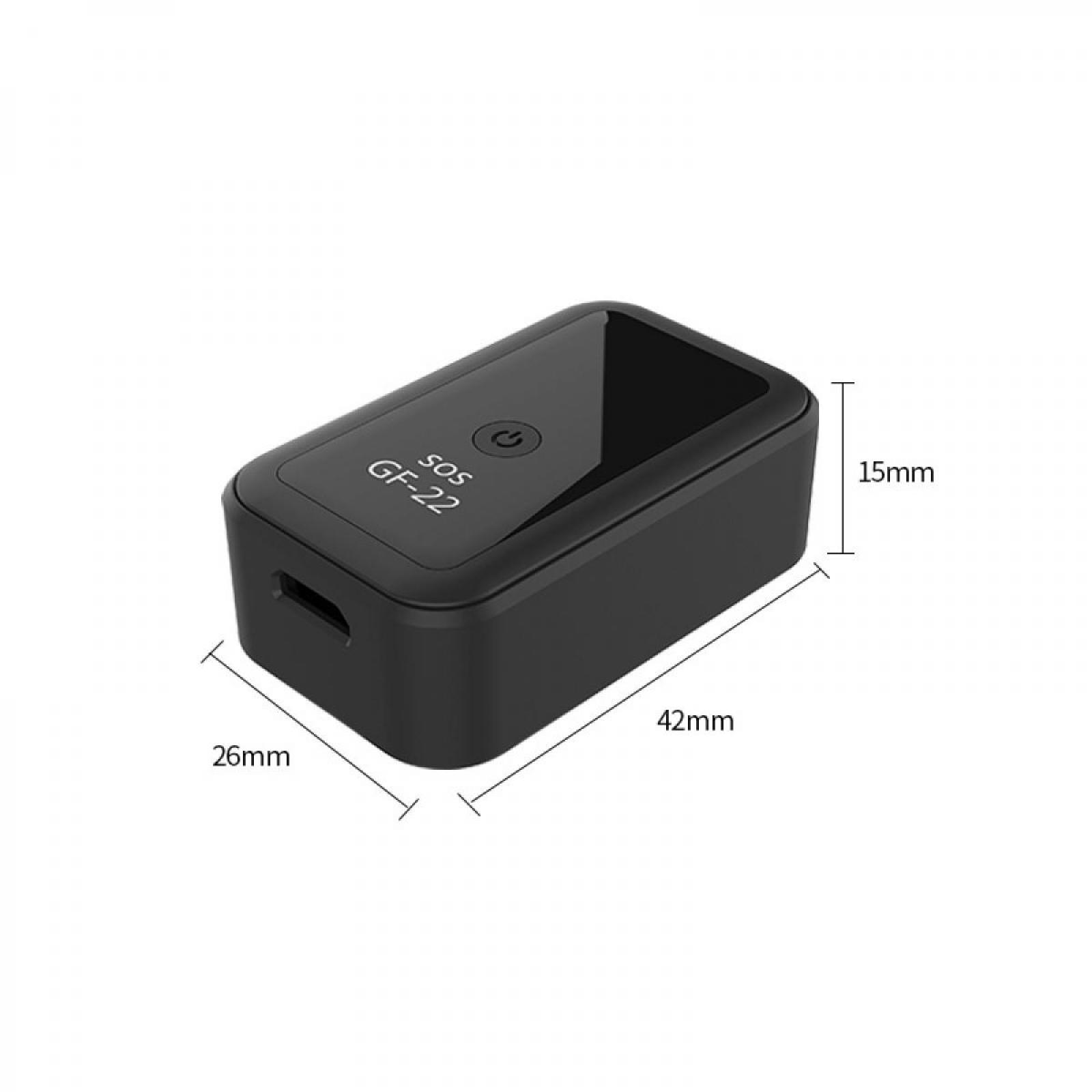 Ein schwarzer GF-22 GPS-Tracker mit Maßangaben. Er hat einen Power-Button und ein SOS-Logo.